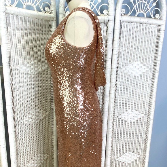 Christina Wu Celebration Rose Gold Sequin Gown Sleeveless Cowl Back Dress 12 - Picture 8 of 10